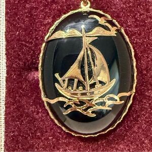 Vintage 14k Gold &‎ Smokey Quartz Large Oval Nautical Schooner Ship Boat Pendant